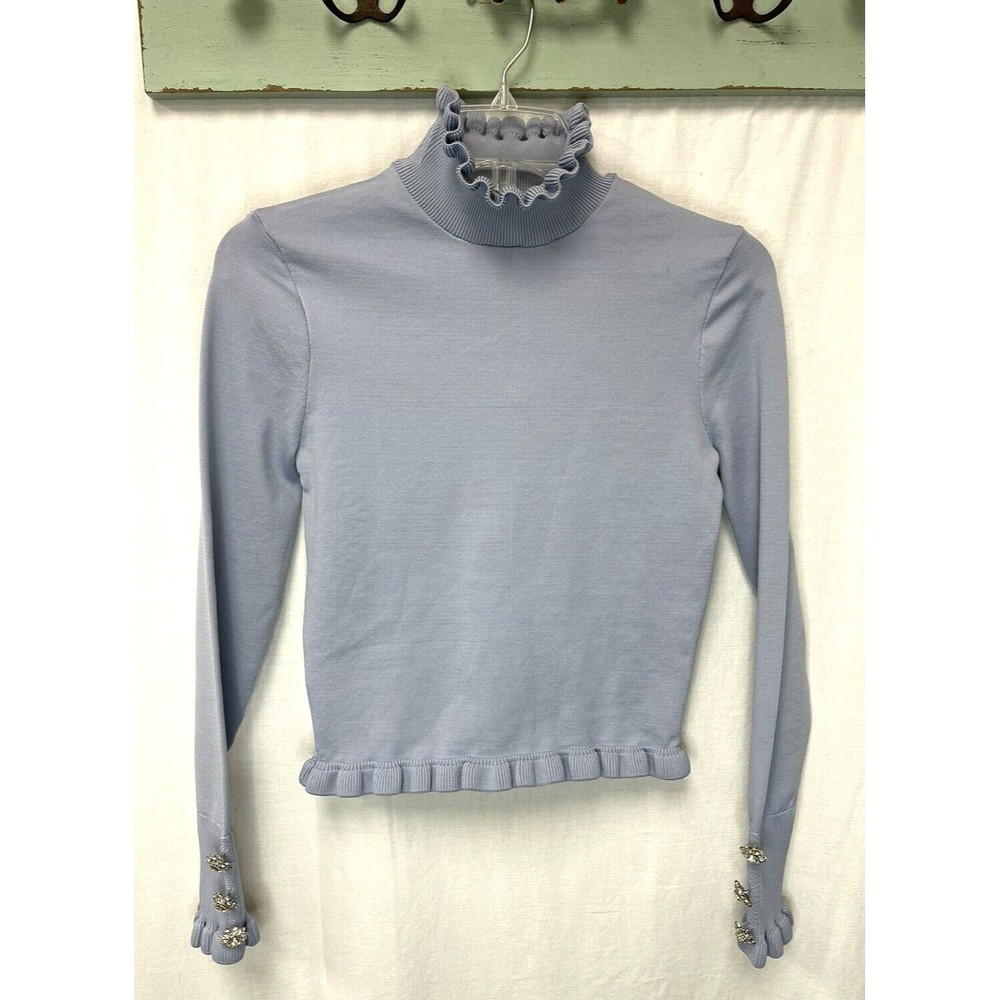 Zara Womens Sweater Ruffle edge's Turtleneck Lightweight Blue Size S Jewels NWT